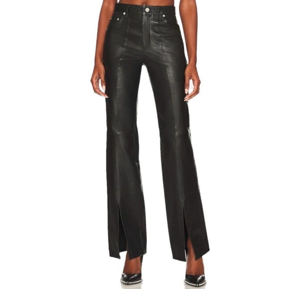 NWT‎ GRLFRND Hallie Slit Leather Ankle Pants in Black